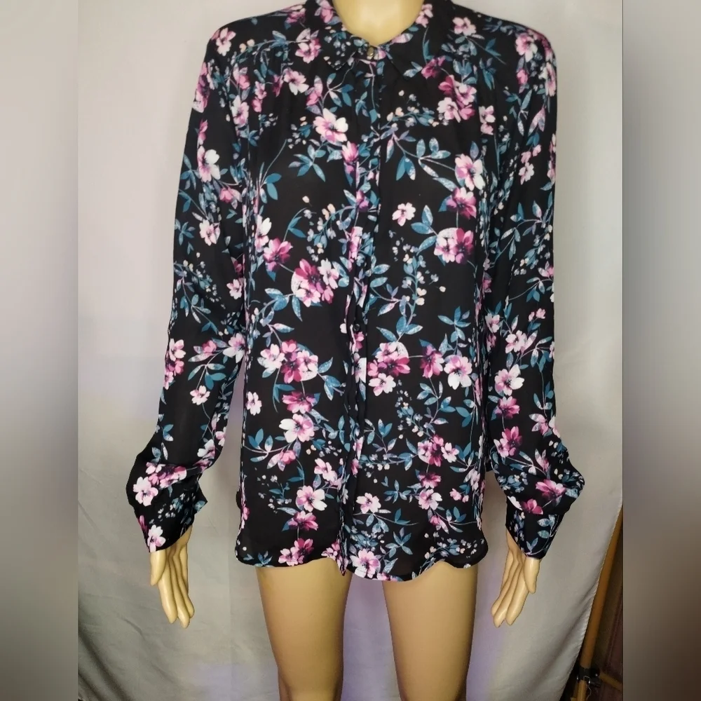 Elle women's size large long sleeve floral button up blouse shirt top - Picture 2 of 8